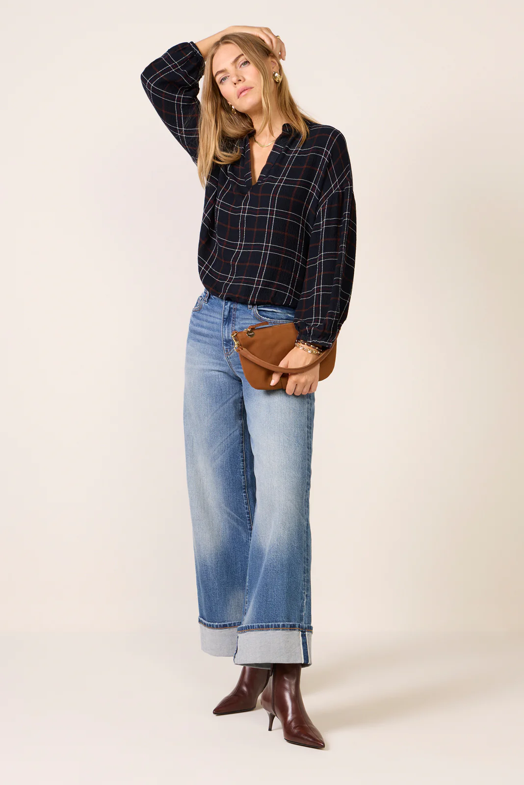 Split Neck Plaid Blouse - Image 2