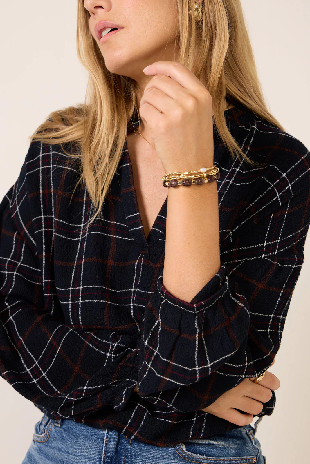 Split Neck Plaid Blouse - Image 3